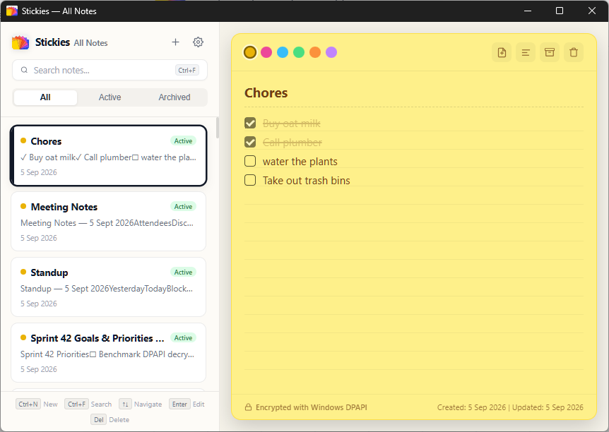 Real All Notes manager window with encrypted search in stickies.lol